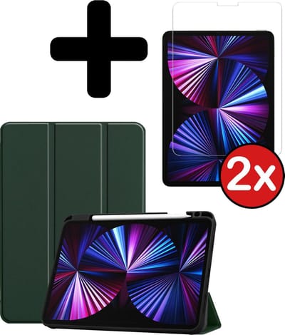 Hoesje - Geschikt voor Apple iPad Pro (2021) - 11 inch - 3e generatie - Met Screenprotector - Trifold Bookcase Hoes - Hard Cover Case - Met Uitsparing Geschikt voor Apple Pencil - Hardcover Book - Tablethoes - Donkergroen