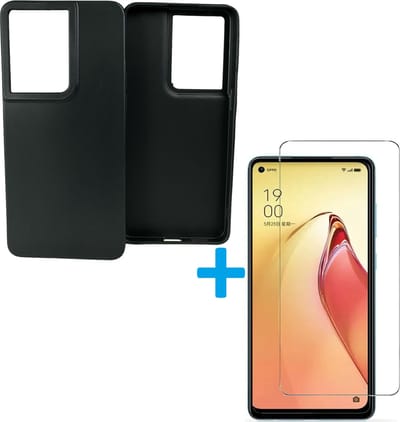 Backcover Hoesje Geschikt voor: OPPO Reno 8 Zwart TPU Silicone Soft Case + 1X Tempered Glass Screenprotector