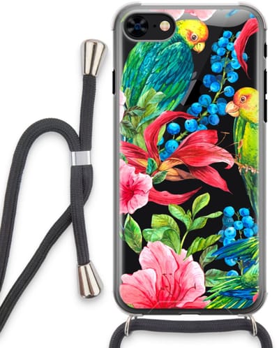 Case Company® - Hoesje met koord geschikt voor iPhone 8 hoesje met Koord - Papegaaien - Telefoonhoesje met Zwart Koord - Bescherming aan alle Kanten en Over de Schermrand