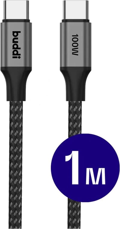 Buddi Flex | USB-C naar USB-C Kabel | 100W Super Fast Charge | Power Delivery Snelladen | 480Mbps Dataoverdracht | Gevlochten Nylon | Geschikt voor o.a. iPhone 15 / 16 & Samsung S25-serie | 1M Zwart