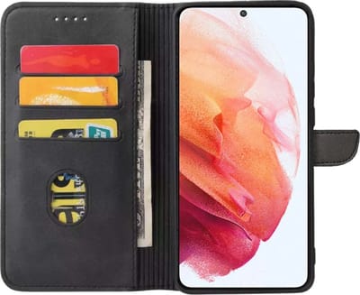 Geschikt voor Samsung Galaxy S21 Telefoonhoesje Kunstleer met Magnetisch lipje en Pasjeshouder Book Case met Klepje - Zwart - Smartphonica geschikt voor Samsung Galaxy S21