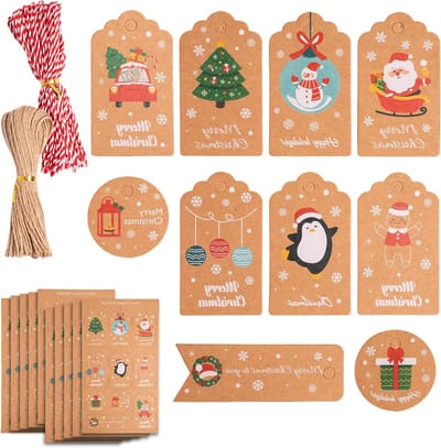 100 Stuks Kerst Cadeaulabels van Kraftpapier met Gekleurde Touwtjes voor Kerstdecoratie en Ambachten