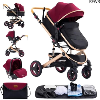 RFWR® 3-in-1 Kinderwagen Met Verstelbare Handgreep, Autozitje, Driewieler En Demping Voor Baby's Van 0-36 Maanden - Rood