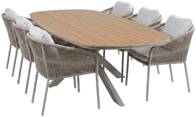 7-delige tuinset | 6 Alezio tuinstoelen (Latte/Camel) | Tuintafel Cadiz 240x115cm (Teaklook/Camel)