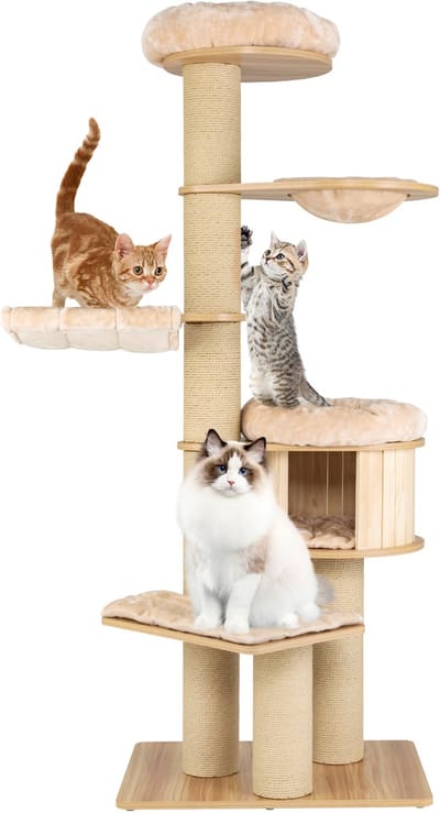 COSTWAY Krabpaal, 6 verdiepingen, hout, 191 cm, kattenboom met hangmat, kattenmand, mandbed en sisalpalen, grote kattenkrabpaal, kattenmeubel, klimboom, activiteitenboom, speelboom, beige