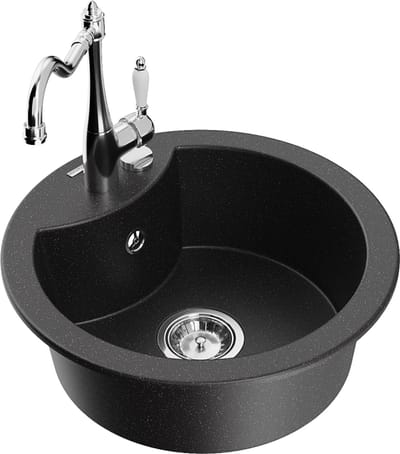 Mexen Diego granieten spoelbak 1-komorig met keukenkraan Carla, zwart/zilver metallic - 6512-73-670700-00