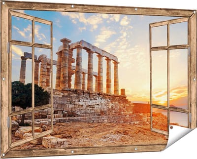 Gards Tuinposter Doorkijk Tempel van Poseidon in Athene, Griekenland - 150x100 cm - Tuindoek - Tuindecoratie - Wanddecoratie buiten - Tuinschilderij
