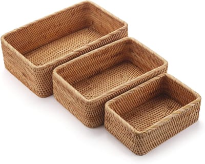 Rotan Opbergmanden Stapelbaar Geweven Rieten Doos Sleutelhouder voor Keukenkasten Plank Natuurlijke Set van 3