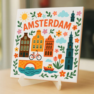 Tegeltje Amsterdam - 15×15 cm – Keramiek – Decoratief Souvenir – Inclusief Transparante Houder / Ezel – Cadeau - Tegeltjes met tekst