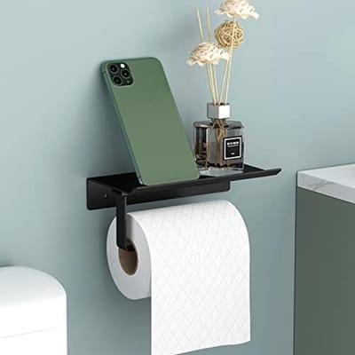 PromoHome Toiletpapierhouder met Plateau - Ruimte-aluminium Wandhouder - Rolhouder zonder Boren - Multifunctioneel Badkamer Accessoire voor Toilet en Keuken (Zwart)