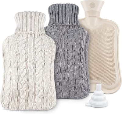 Premium lekvrije warmwaterzak - 2 liter met gebreide hoezen - afneembare en wasbare hoes - warmwaterkruik voor pijnverlichting - wit - grijs