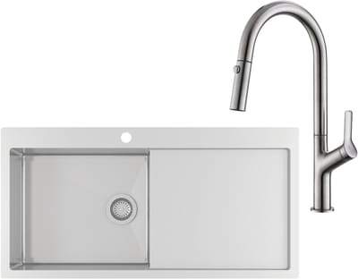 GURARI Roestvrijstalen spoelbak LUN101M-L + Keukenkraan 7723-002, Inbouwspoelbak 1000x510 mm, Roestvrij staal, Rechthoekig
