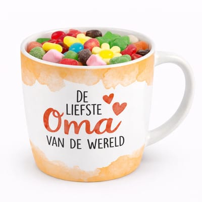 Keramische Mok - Porselein - Oma - Snoep - Zijden lint: "Speciaal voor jou"