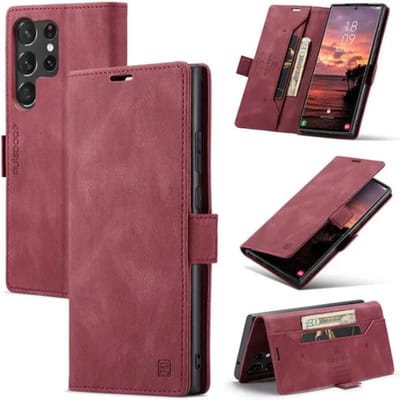 Luxe Flip Case met RFID Bescherming Kaarthouder en Magneetsluiting voor Samsung Galaxy S23 Ultra _ Wijnrood