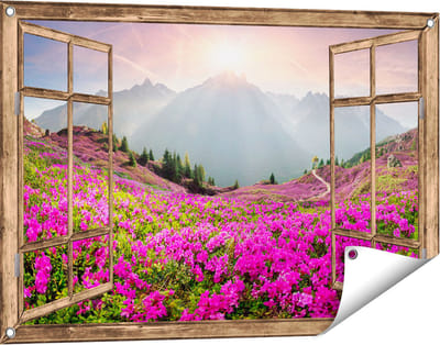 Gards Tuinposter Doorkijk Rhododendron Bloemenveld in de Alpen - 90x60 cm - Tuindoek - Tuindecoratie - Wanddecoratie buiten - Tuinschilderij