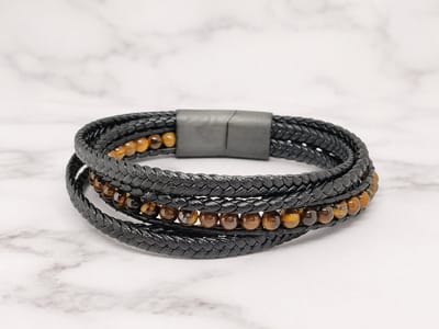 Mei's - Hide Leather Cat - armband heren - leer zwart/bruin - polsmaat 17,5 cm