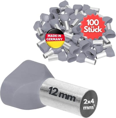100 stuks Kalitec AET412GR dubbele adereindhulzen geïsoleerd 2x4,0mm² 12mm lang grijs I Made in Germany I Industriële kwaliteit