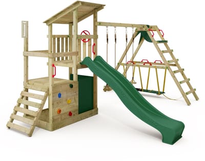 Fatmoose FruityForest Fun XXL Klimtoren - Dubbele schommel met Glijbaan en Surfaanbouw - 505x274 cm - Groen