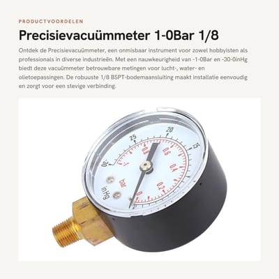 Dailygoods- Precisievacuümmeter -1-0Bar/-30-0inHg - 50 Mm Wijzerplaat - 1/8 BSPT Aansluiting - Robuust - Messing Componenten - Duidelijke Aflezingen - Vacuümmeter