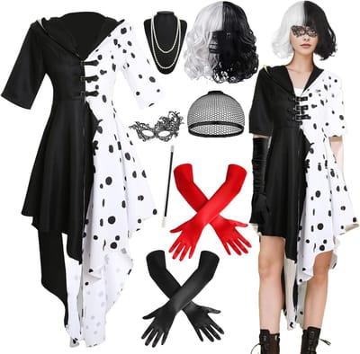 Halloween Kostuum Set met Cruella Jurk, Zwart en Wit Perücke, Handschoenen, Paraplu en Sieraden voor Carnavalsfeest en Verkleedpartijen