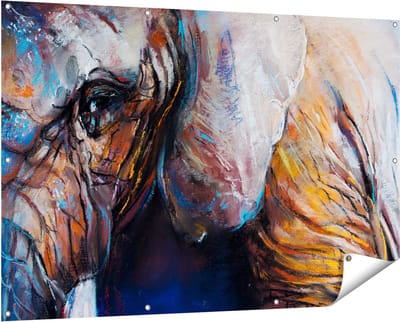 Gards Tuinposter Getekende Olifant van Dichtbij - Abstract - 150x100 cm - Tuindoek - Tuindecoratie - Wanddecoratie buiten - Tuinschilderij