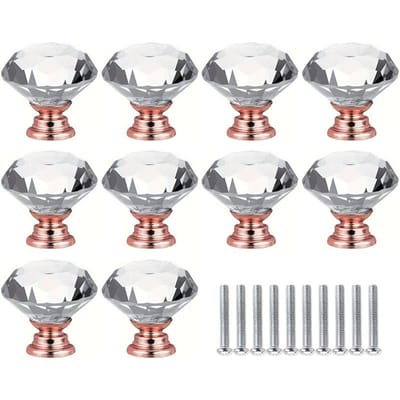 10 pièces Boutons de Meuble en Verre Cristal, Boutons de Porte de Commode et Meubles, Poignées de Tiroir, Boutons pour Cuisine, Armoire et Meuble avec Vis (Or rose) 10-Pack