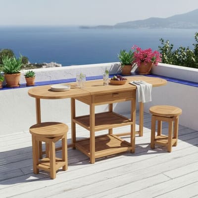 AXI Nomani Teak Opklapbare Lage Barset – Met 2 Barkrukken – Inklapbaar – Teakhout – Met Lade en Opbergruimte - Barset voor Tuin en Terras