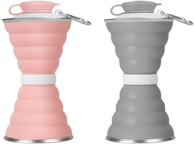 Opvouwbare waterfles 500 ml - BPA-vrij, herbruikbaar en lekvrij voor reizen, kamperen en sport - 2 stuks (grijs+roze)