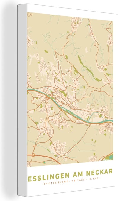 Canvas Schilderij Esslingen am Neckar - Plattegrond - Kaart - Vintage - Stadskaart - 20x30 cm - Wanddecoratie