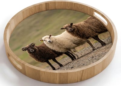 Dienblad rond 40x40 cm - Schootdienblad hout - Schapen - Bruin - Wit - Grindpad - Borrelplank rechthoek - Plateau houten dienbladen