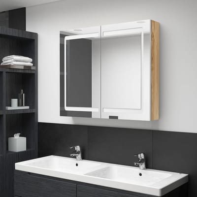 vidaXL - Badkamerkast - met - spiegel - en - LED - 80x12x68 - cm - wit - en - eikenkleurig