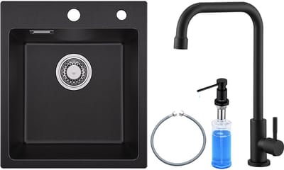 SOFETIY MAX Granieten spoelbakken 40*45cm - Spoelbak Keuken Met Koudwaterkraan en Zeepdispenser 300ML - Gootsteen Met Waterafvoersysteem - Wasbak Keuken - Zwart