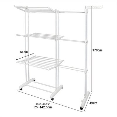 Droogrek-Wasrek-Kledingdroogrek met3 Niveaus-Uitschuifbare Wasdroogrek met Verstelbare Hoogte (75-142,5 cm)-Vrijstaand Zwaar Metaal Frame-Met wielen-(Zwart + Licht Wit)