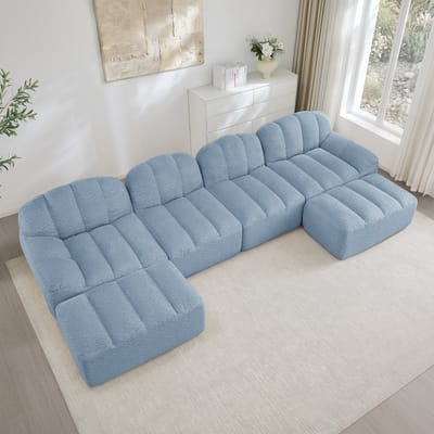 Modulaire U-Bank 4-Zits Met 2 Poefs - Teddy Stof Lounge Sofa Blauw - U-Vorm Met Diepe Zit - Frameloos Design