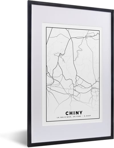 Fotolijst incl. Poster Zwart Wit- Zwart Wit – België – Plattegrond – Stadskaart – Kaart – Chiny - 40x60 cm - Posterlijst