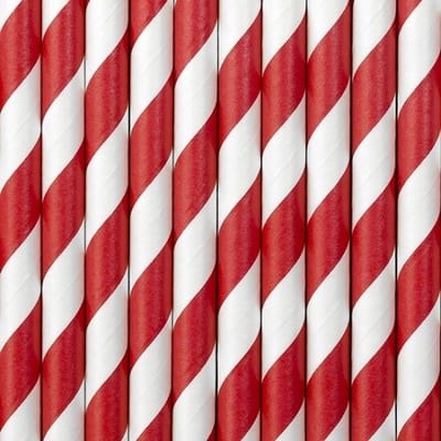 Partydeco drinkrietjes gestreept - van papier - rood/wit - 20x stuks - verjaardag drinkrietjes - 19 cm