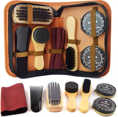 Schoenpoetsset - 8 Delige Schoenpoets set - Met Schoenssmeer, Borstel, Lepel en Wax - Sinterklaascadeau - Kerstcadeau - Cadeau