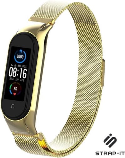 Milanees Smartwatch bandje - Geschikt voor Xiaomi Mi Band 5 / 6 Milanese band - goud - Strap-it Horlogeband / Polsband / Armband