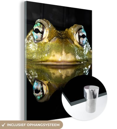 MuchoWow® Glasschilderij 120x160 cm - Schilderij acrylglas - Kikker - Ogen - Portret - Foto op glas - Schilderijen