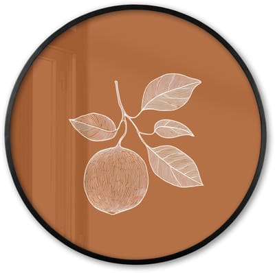 Poster in lijst Rond - Fotolijst 60x60 cm - Posters - Sinaasappel - Getekend - Bladeren - Bruin - Ronde posterlijst zwart - Decoratie - Wanddecoratie woonkamer - Muurdecoratie slaapkamer