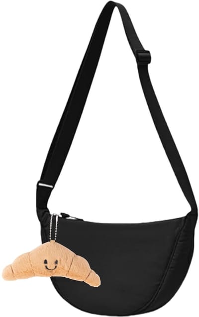 Allecto - Zwarte Nylon Halfronde Tas met Croissant Hangertje - Perfect voor Dagelijks Gebruik