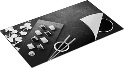 Chefcare Inductie Beschermer Sushi met Bloemen op Zwarte Marmer - Zwart Wit - 90x50 cm - Afdekplaat Inductie - Kookplaat Beschermer - Inductie Mat