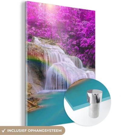 MuchoWow® Glasschilderij 30x40 cm - Schilderij acrylglas - Waterval - Bomen - Regenboog - Paars - Foto op glas - Schilderijen