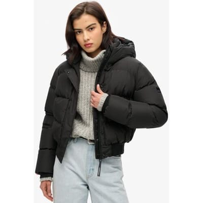 Superdry Sports Puffer Bomberjack met Capuchon Zwart Grootte: 36