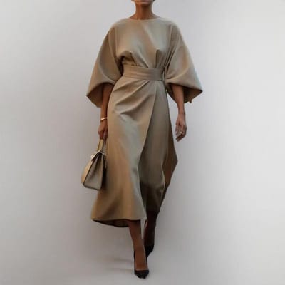 Lente Nieuwe Dameskleding Retro Effen Kleur Temperament Elegant Losse Jurk Lang M gray