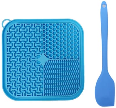 Rieba® Likmat Honden – 20x20cm - Hondenlikmat - Slowfeeder Hond – Anti Schrok Voermat – Met Spatel – Silicone Zuignap – Blauw