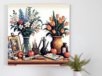 Pixel art stilleven schilderij | Pixelige pracht: een abstracte ode aan het stilleven concept | Kunst - 20x20 centimeter op Canvas | Foto op Canvas