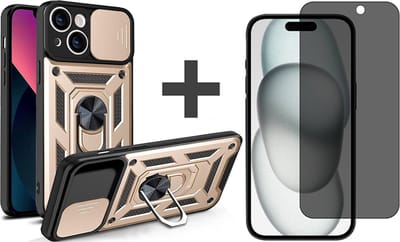 Hoesje met Privacy screenprotector Geschikt voor iPhone 15 met Ringhouder en Camera schuifje - Arara backcover - Goud