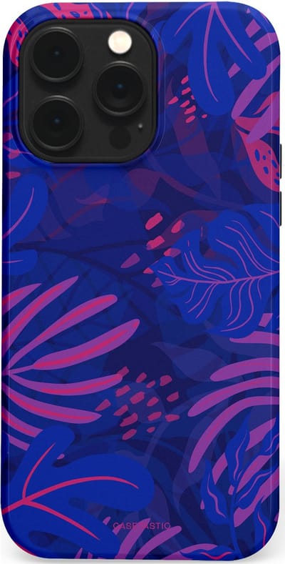 Casetastic hoesje geschikt voor Apple iPhone 14 Pro Max - MagSafe - Dubbellaagse bescherming - Neon jungle blad - Fashion Case - Donkerblauw Lavendel Roze