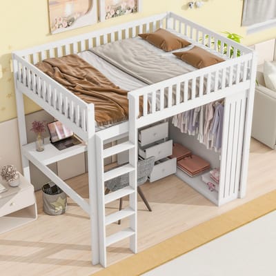 STILVORA Hoogslaper 140 x 200 cm – Kinderbed Met Ingebouwde Bureau Kleerkast En 3 Lades – Veel Open Opbergruimte Veilig Hek En Trap – Ideaal Voor Kinderkamer Tienerkamer En Studentenkamer – Hout – Wit – Zonder Matras